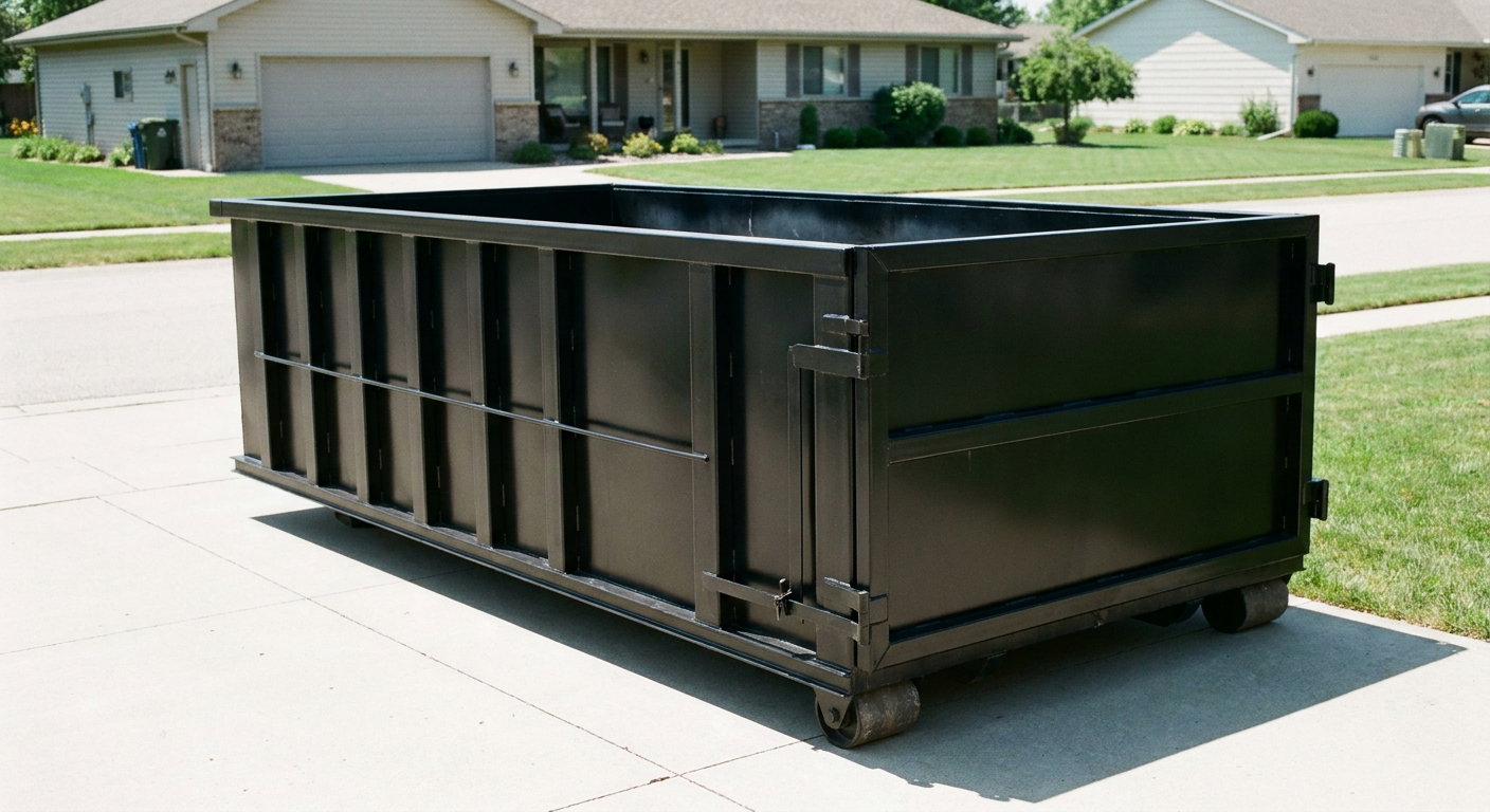 Matte-black 10-yard roll-off dumpster on a residential concrete driveway in Biloxi, uniformly painted matte black across every panel and rail, ribbed steel sidewalls and rear swing door visible, mid-day daylight.