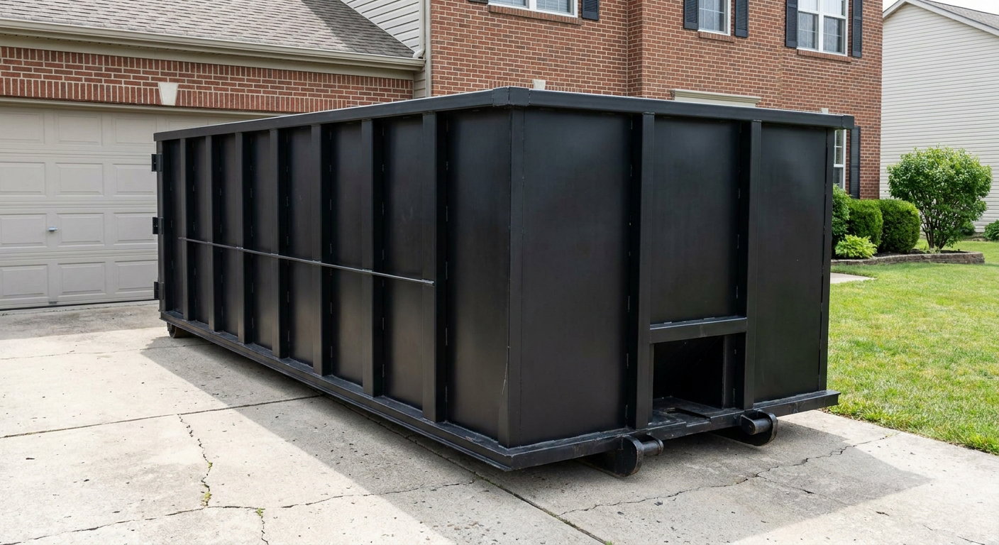 Matte-black 20-yard roll-off container on a Biloxi residential concrete driveway with reinforced ribbed steel sidewalls and a hinged rear walk-in door, clean bright daylight.
