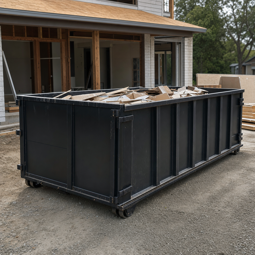 Large matte-black 30-yard construction roll-off dumpster at an active Biloxi jobsite, steel-gray top rails and bottom rollers visible, loaded with construction debris.