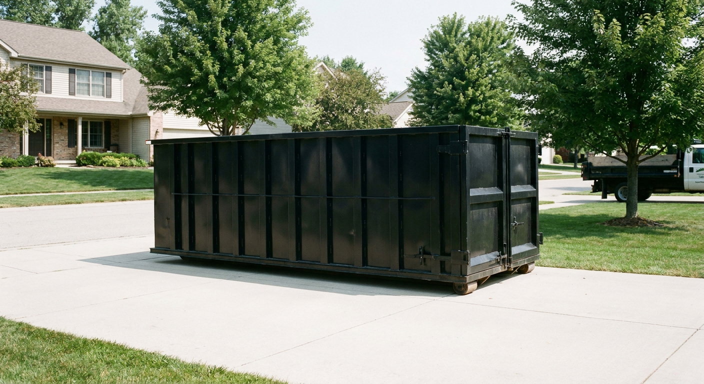 Matte-black 20-yard roll-off dumpster sitting level on a clean Biloxi residential concrete driveway under bright daylight, demonstrating clean placement directly on the concrete.