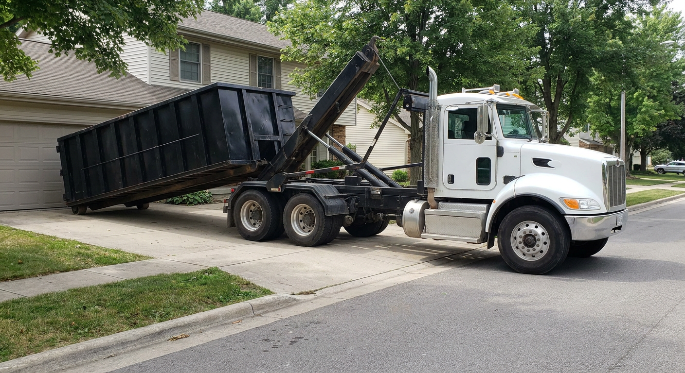 White-cab hooklift roll-off truck actively lowering a matte-black dumpster onto a Biloxi residential concrete driveway, the dumpster's rear wheels touching the driveway as the hoist arm tilts the bed forward, mid-morning daylight.