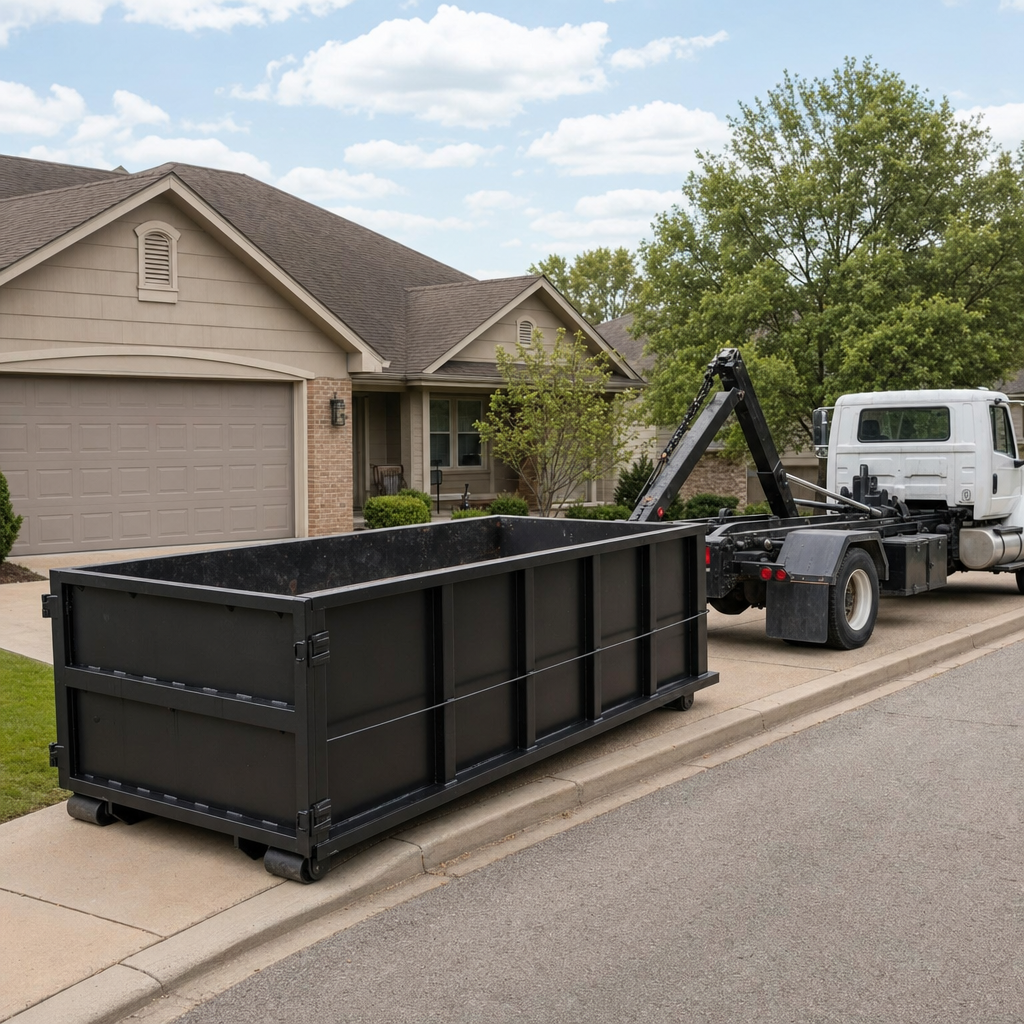 Wide documentary shot of a matte-black roll-off dumpster on a Biloxi residential driveway in the foreground and a contractor jobsite container in the soft-focus background, bright daylight, calm and orderly composition.